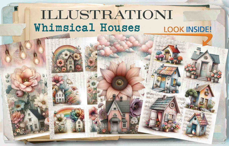 Maremi's Small Art - Illustrationi Collage Pages for Art Journaling - Whimsical Houses & Backgrounds