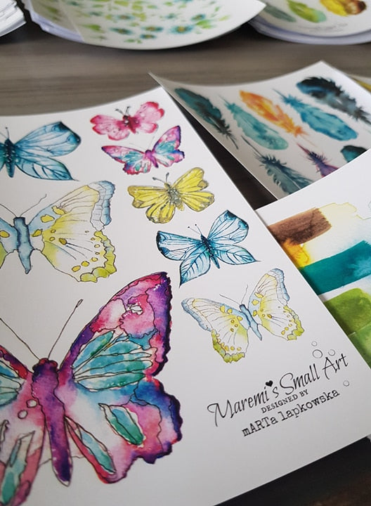 Maremi's Handpainted Watercolor Designs Printed Set of 9 Sheets of Paper Embellishments for self-cutting