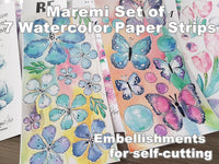 Maremi's Handpainted Watercolor Designs Printed Set of 7 Strips of Paper Embellishments for self-cutting
