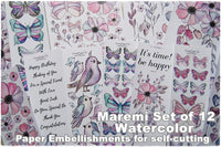 Maremi's Handpainted Watercolor Designs Printed Set of 12 Paper Embellishments for self-cutting